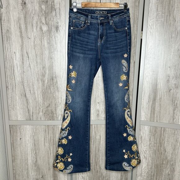 Grace in LA Jeans Size 26 Flared Embroidered Paisley Floral High Waist - Picture 1 of 9
